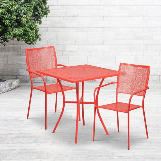 Commercial Grade 28" Square Coral Indoor-Outdoor Steel Patio Table Set with 2 Square Back Chairs