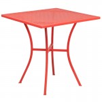 Commercial Grade 28" Square Coral Indoor-Outdoor Steel Patio Table Set with 2 Square Back Chairs