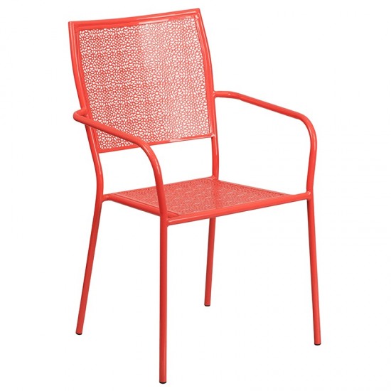 Commercial Grade 28" Square Coral Indoor-Outdoor Steel Patio Table Set with 2 Square Back Chairs