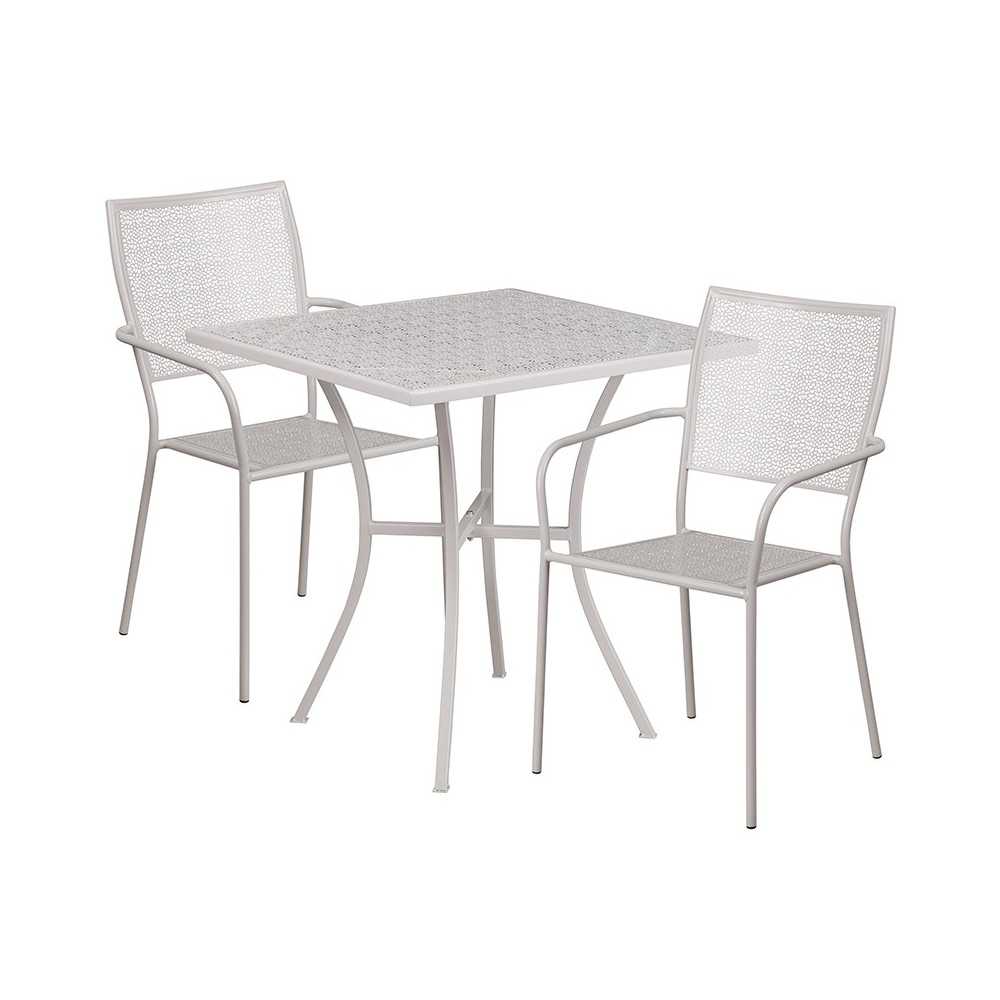 Commercial Grade 28" Square Light Gray Indoor-Outdoor Steel Patio Table Set with 2 Square Back Chairs