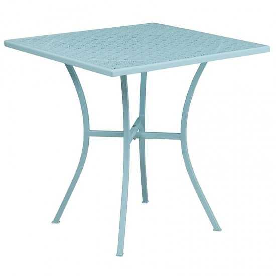 Commercial Grade 28" Square Sky Blue Indoor-Outdoor Steel Patio Table Set with 2 Square Back Chairs