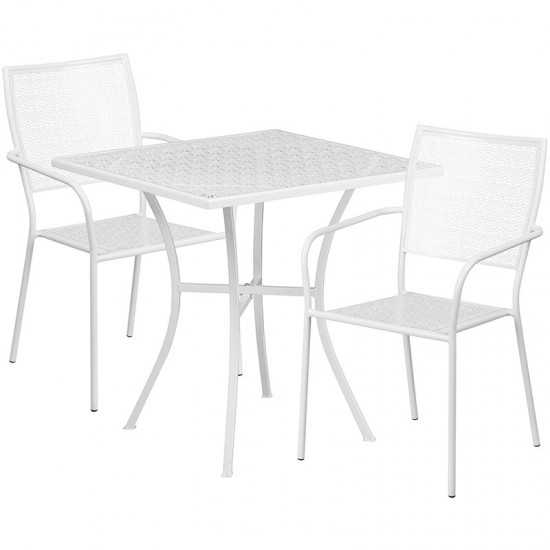 Commercial Grade 28" Square White Indoor-Outdoor Steel Patio Table Set with 2 Square Back Chairs