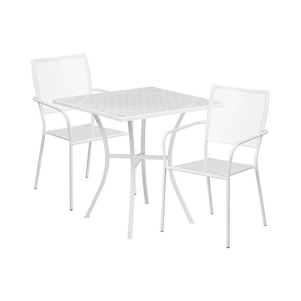 Commercial Grade 28" Square White Indoor-Outdoor Steel Patio Table Set with 2 Square Back Chairs