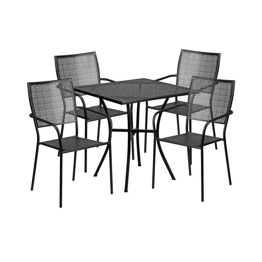 Commercial Grade 28" Square Black Indoor-Outdoor Steel Patio Table Set with 4 Square Back Chairs