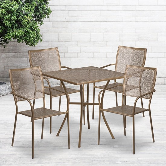 Commercial Grade 28" Square Gold Indoor-Outdoor Steel Patio Table Set with 4 Square Back Chairs