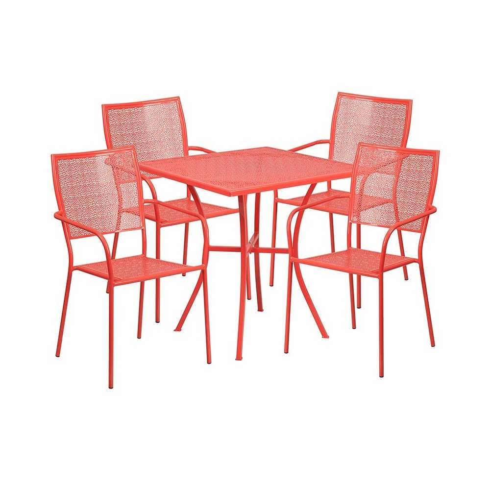 Commercial Grade 28" Square Coral Indoor-Outdoor Steel Patio Table Set with 4 Square Back Chairs