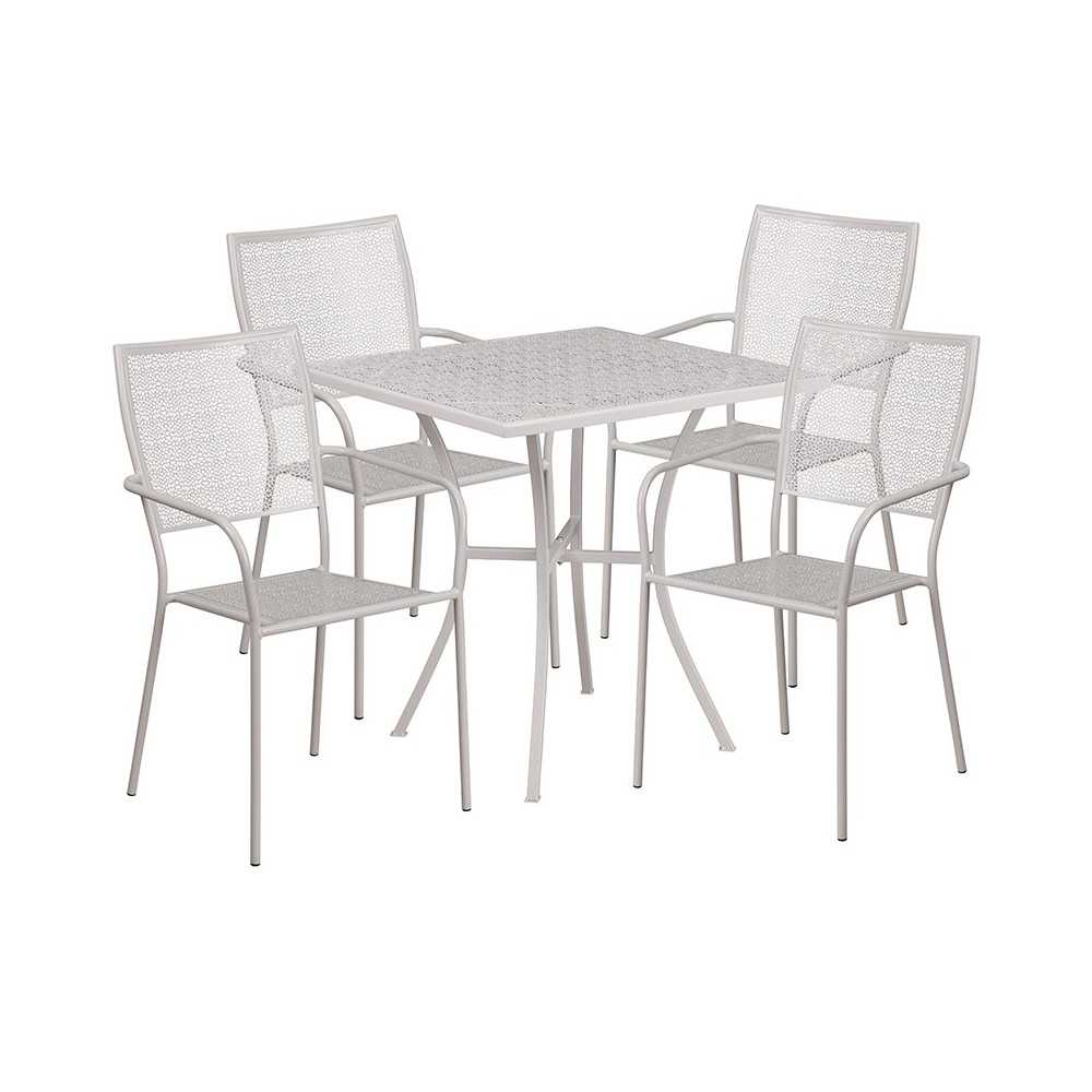 Commercial Grade 28" Square Light Gray Indoor-Outdoor Steel Patio Table Set with 4 Square Back Chairs Commercial Grade 28" Square Light Gray Indoor-Outdoor Steel Patio Table Set with 4 Square Back Chairs