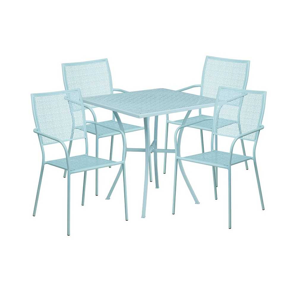 Commercial Grade 28" Square Sky Blue Indoor-Outdoor Steel Patio Table Set with 4 Square Back Chairs