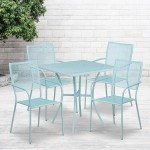 Commercial Grade 28" Square Sky Blue Indoor-Outdoor Steel Patio Table Set with 4 Square Back Chairs