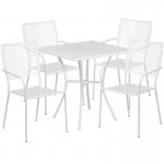 Commercial Grade 28" Square White Indoor-Outdoor Steel Patio Table Set with 4 Square Back Chairs