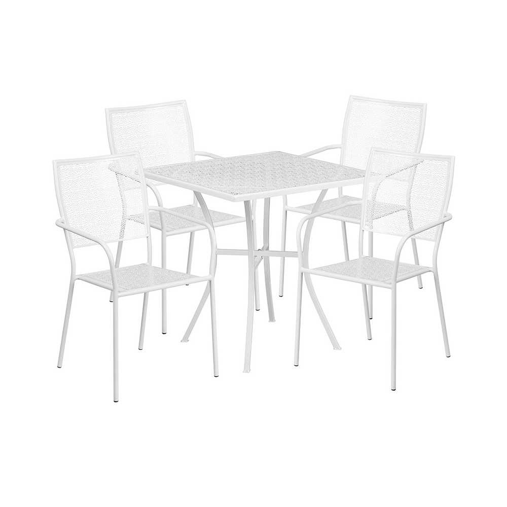 Commercial Grade 28" Square White Indoor-Outdoor Steel Patio Table Set with 4 Square Back Chairs