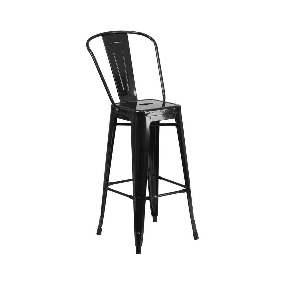 Commercial Grade 30" High Black Metal Indoor-Outdoor Barstool with Removable Back