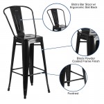 Commercial Grade 30" High Black Metal Indoor-Outdoor Barstool with Removable Back