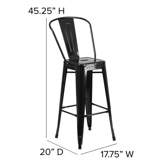 Commercial Grade 30" High Black Metal Indoor-Outdoor Barstool with Removable Back