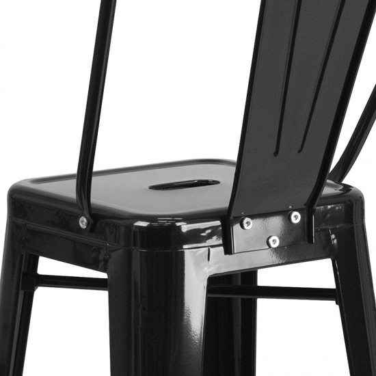 Commercial Grade 30" High Black Metal Indoor-Outdoor Barstool with Removable Back