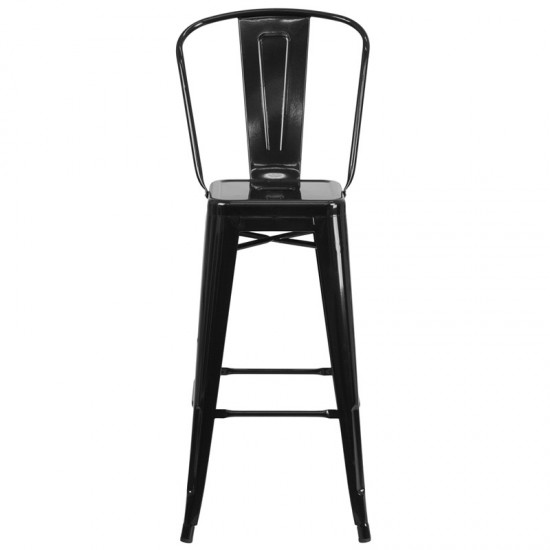 Commercial Grade 30" High Black Metal Indoor-Outdoor Barstool with Removable Back