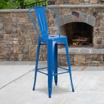 Commercial Grade 30" High Blue Metal Indoor-Outdoor Barstool with Removable Back