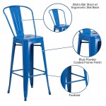 Commercial Grade 30" High Blue Metal Indoor-Outdoor Barstool with Removable Back