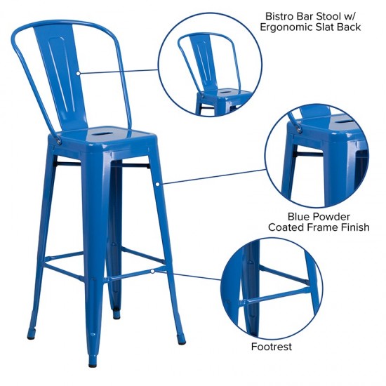 Commercial Grade 30" High Blue Metal Indoor-Outdoor Barstool with Removable Back