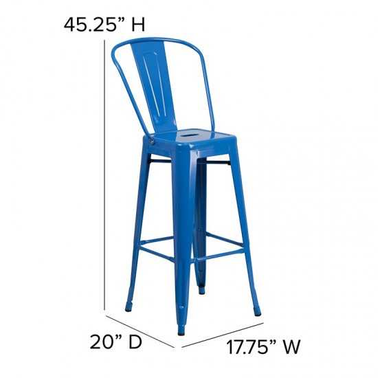 Commercial Grade 30" High Blue Metal Indoor-Outdoor Barstool with Removable Back