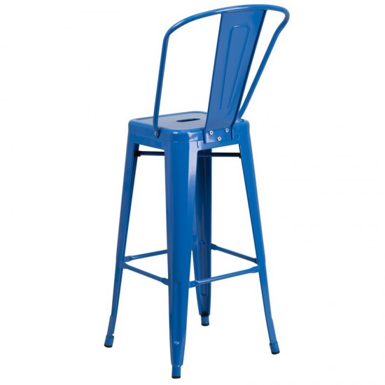 Commercial Grade 30" High Blue Metal Indoor-Outdoor Barstool with Removable Back