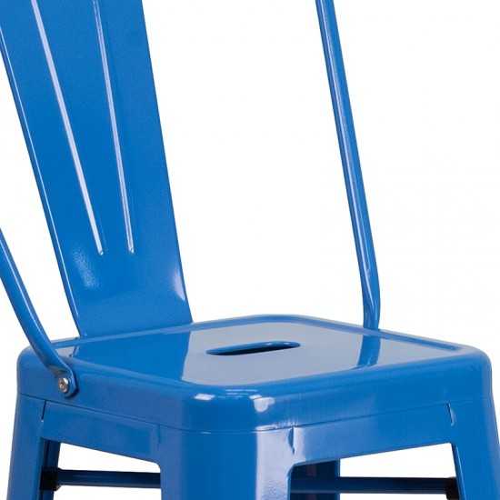 Commercial Grade 30" High Blue Metal Indoor-Outdoor Barstool with Removable Back