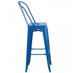 Commercial Grade 30" High Blue Metal Indoor-Outdoor Barstool with Removable Back