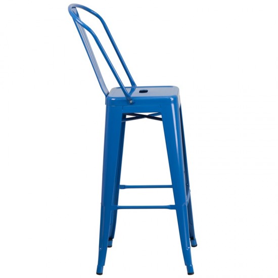 Commercial Grade 30" High Blue Metal Indoor-Outdoor Barstool with Removable Back