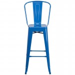 Commercial Grade 30" High Blue Metal Indoor-Outdoor Barstool with Removable Back