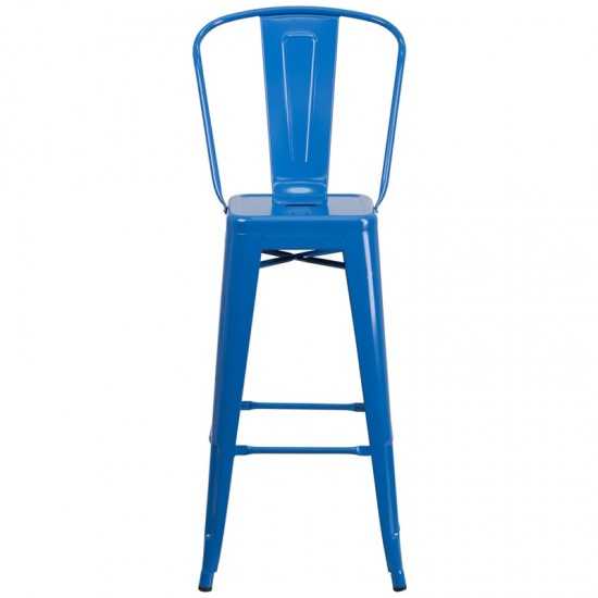 Commercial Grade 30" High Blue Metal Indoor-Outdoor Barstool with Removable Back