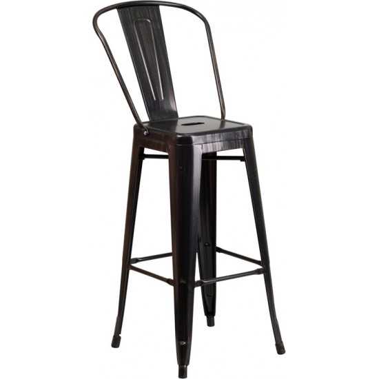 Commercial Grade 30" High Black-Antique Gold Metal Indoor-Outdoor Barstool with Removable Back