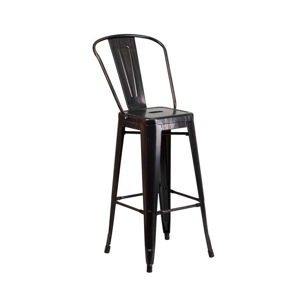 Commercial Grade 30" High Black-Antique Gold Metal Indoor-Outdoor Barstool with Removable Back