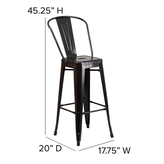 Commercial Grade 30" High Black-Antique Gold Metal Indoor-Outdoor Barstool with Removable Back