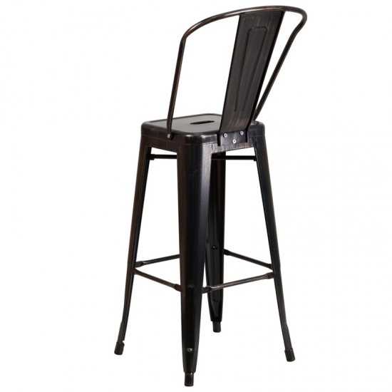 Commercial Grade 30" High Black-Antique Gold Metal Indoor-Outdoor Barstool with Removable Back