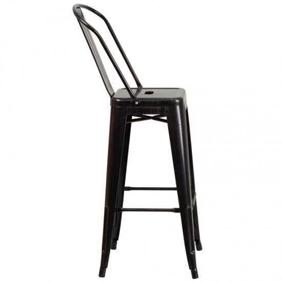 Commercial Grade 30" High Black-Antique Gold Metal Indoor-Outdoor Barstool with Removable Back