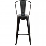 Commercial Grade 30" High Black-Antique Gold Metal Indoor-Outdoor Barstool with Removable Back