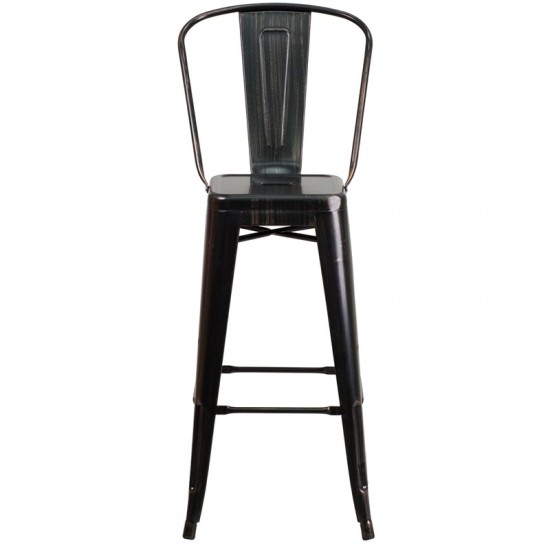 Commercial Grade 30" High Black-Antique Gold Metal Indoor-Outdoor Barstool with Removable Back