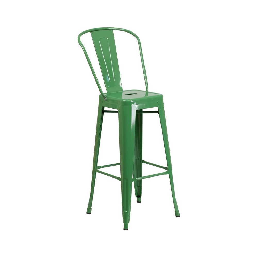 Commercial Grade 30" High Green Metal Indoor-Outdoor Barstool with Removable Back