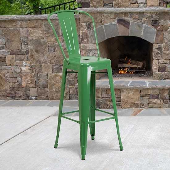 Commercial Grade 30" High Green Metal Indoor-Outdoor Barstool with Removable Back