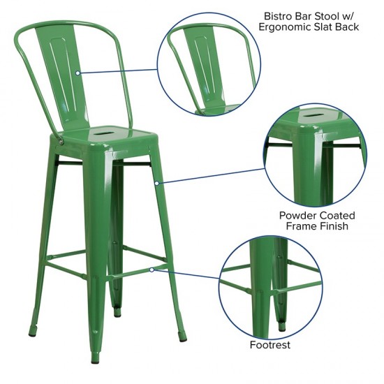 Commercial Grade 30" High Green Metal Indoor-Outdoor Barstool with Removable Back