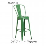 Commercial Grade 30" High Green Metal Indoor-Outdoor Barstool with Removable Back