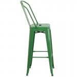 Commercial Grade 30" High Green Metal Indoor-Outdoor Barstool with Removable Back