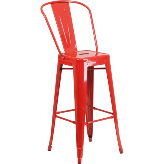 Commercial Grade 30" High Red Metal Indoor-Outdoor Barstool with Removable Back