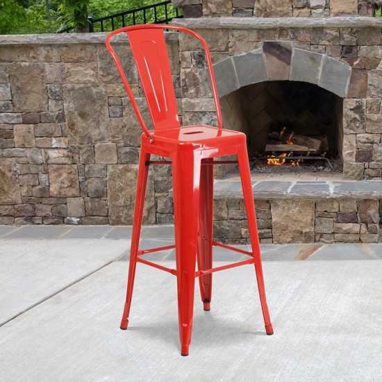 Commercial Grade 30" High Red Metal Indoor-Outdoor Barstool with Removable Back