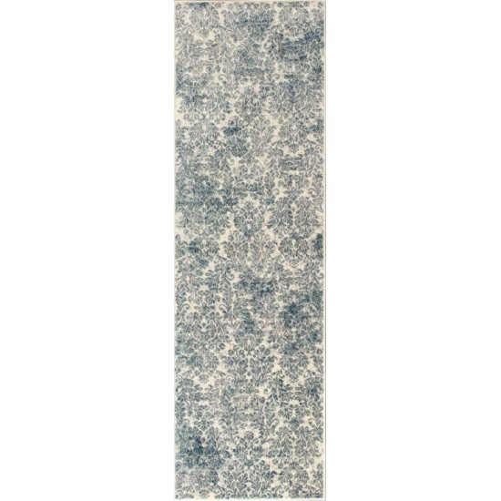 Provence Ivory/Blue Damask 2'2"X 6'11" Runner Rug