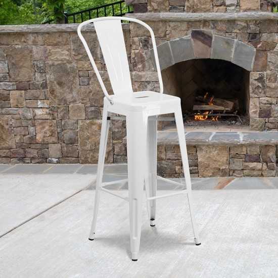 Commercial Grade 30" High White Metal Indoor-Outdoor Barstool with Removable Back