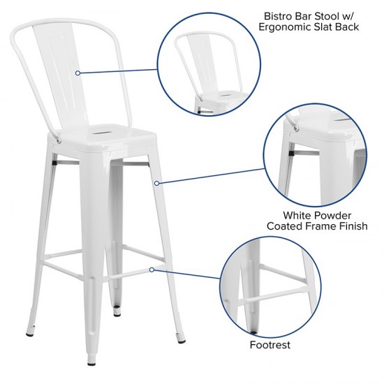 Commercial Grade 30" High White Metal Indoor-Outdoor Barstool with Removable Back