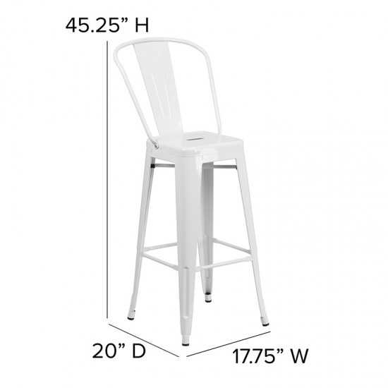 Commercial Grade 30" High White Metal Indoor-Outdoor Barstool with Removable Back