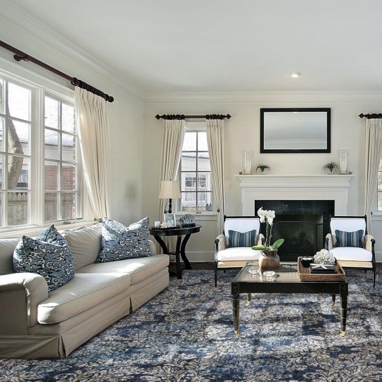 Provence Slate Blue Damask 2'2"X 6'11" Runner Rug