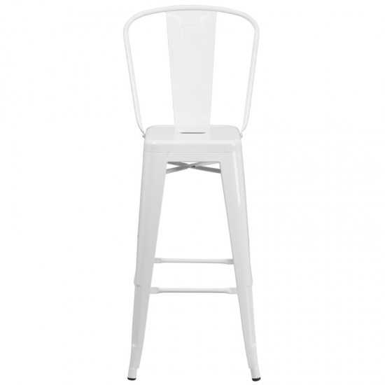 Commercial Grade 30" High White Metal Indoor-Outdoor Barstool with Removable Back